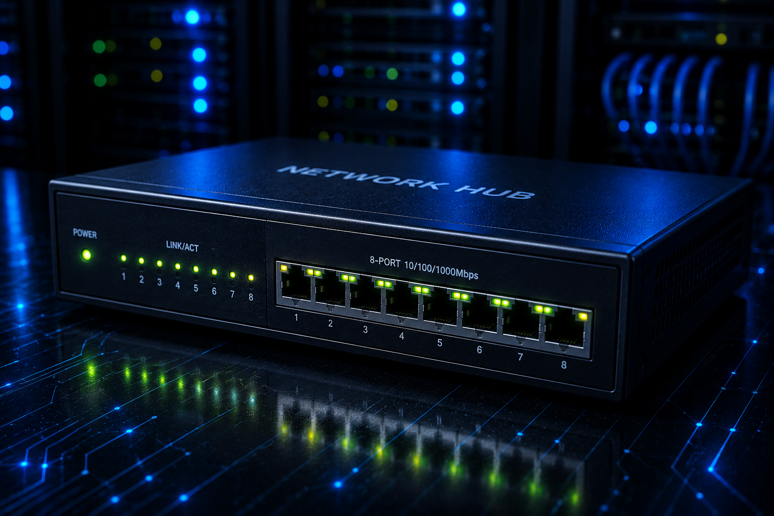 Blue-lit network hub in a server room