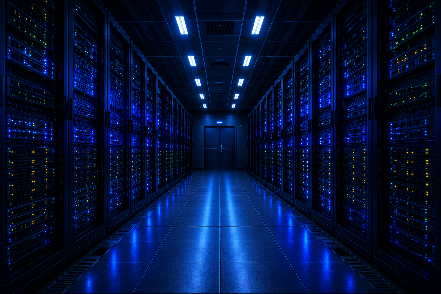 Futuristic blue data center aisle