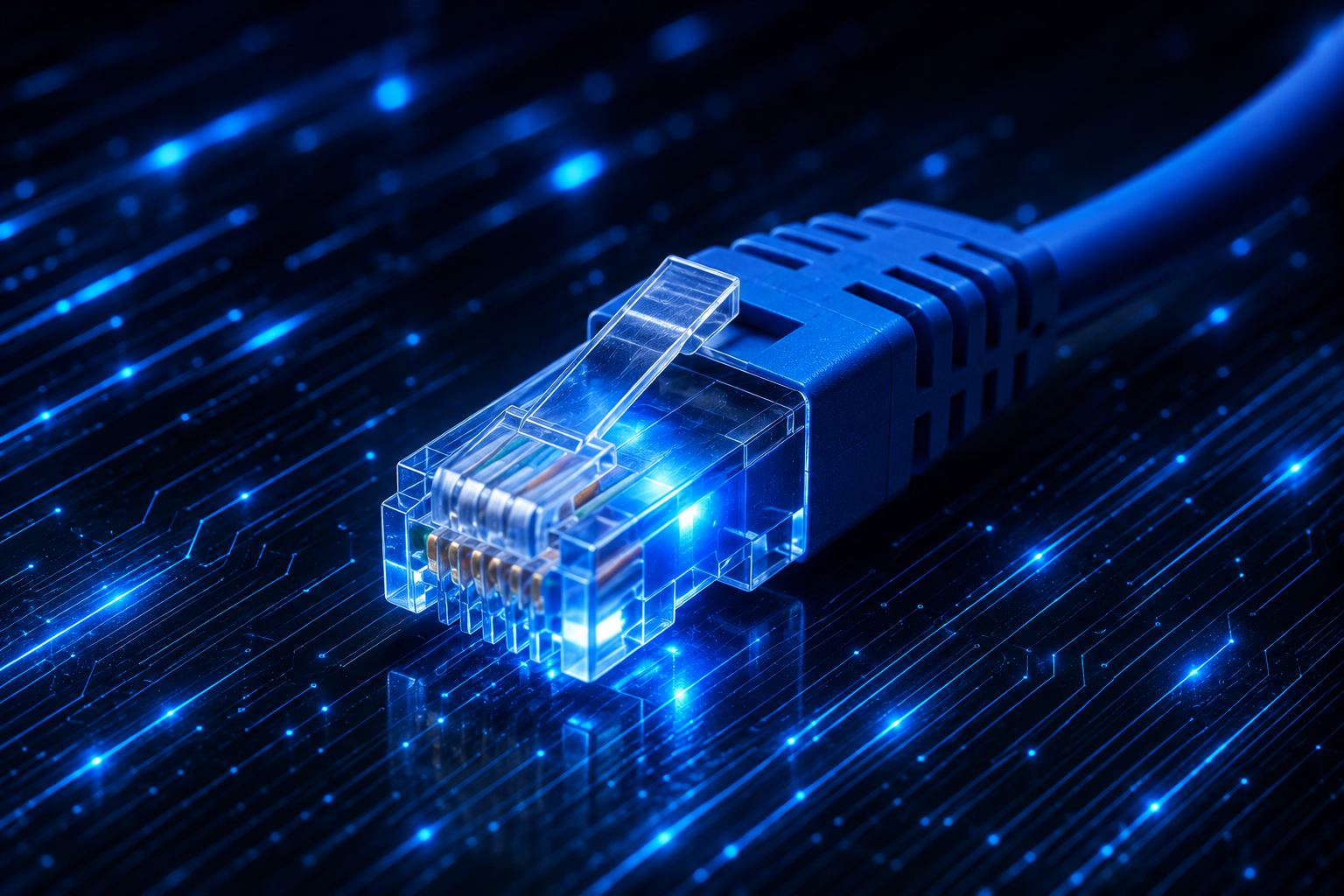 Neon blue ethernet connector close-up