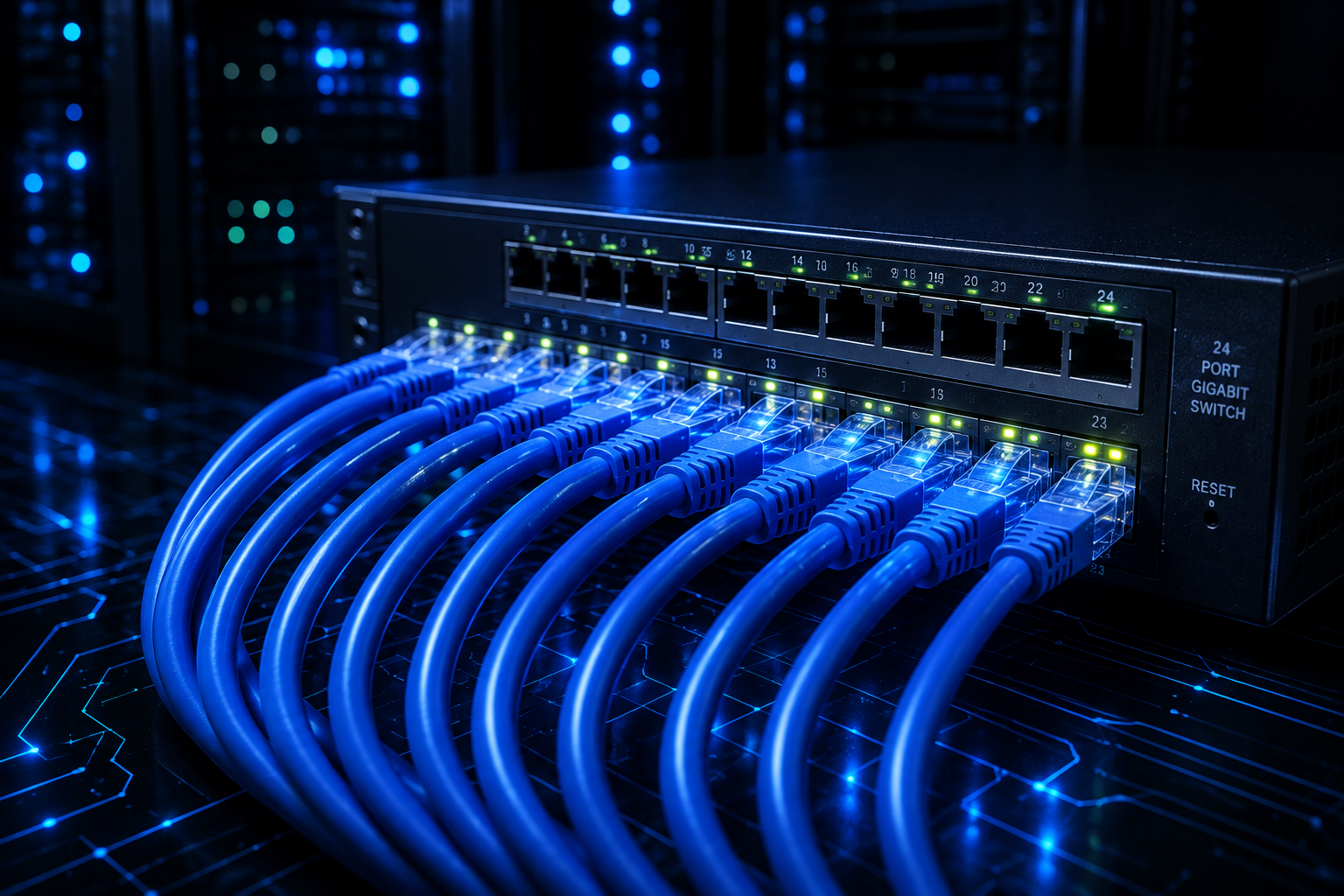 Neon blue ethernet switch rack